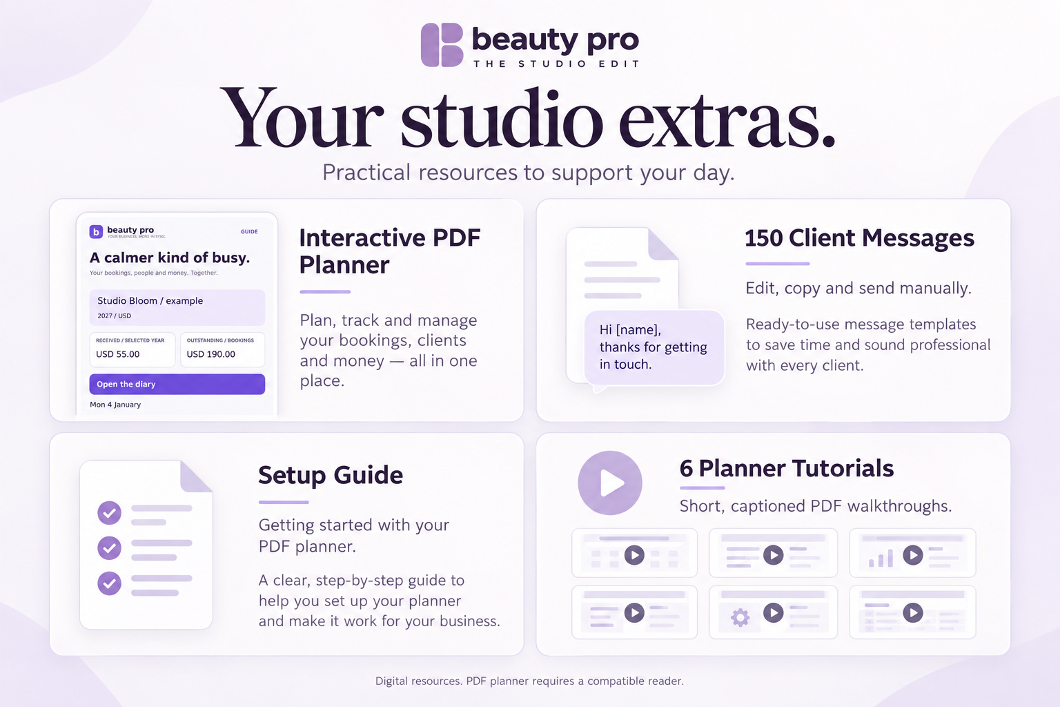 Illustration of the included digital planner, messages, guides and PDF tutorials