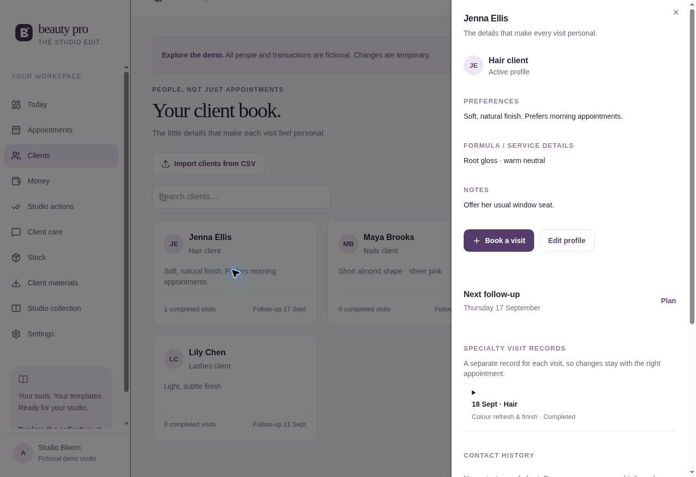 Example client profile with preferences and visit notes