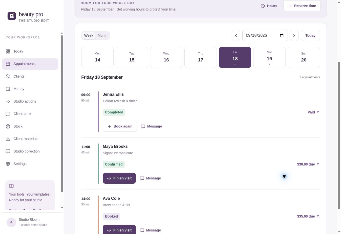 Beauty Pro calendar showing example appointments
